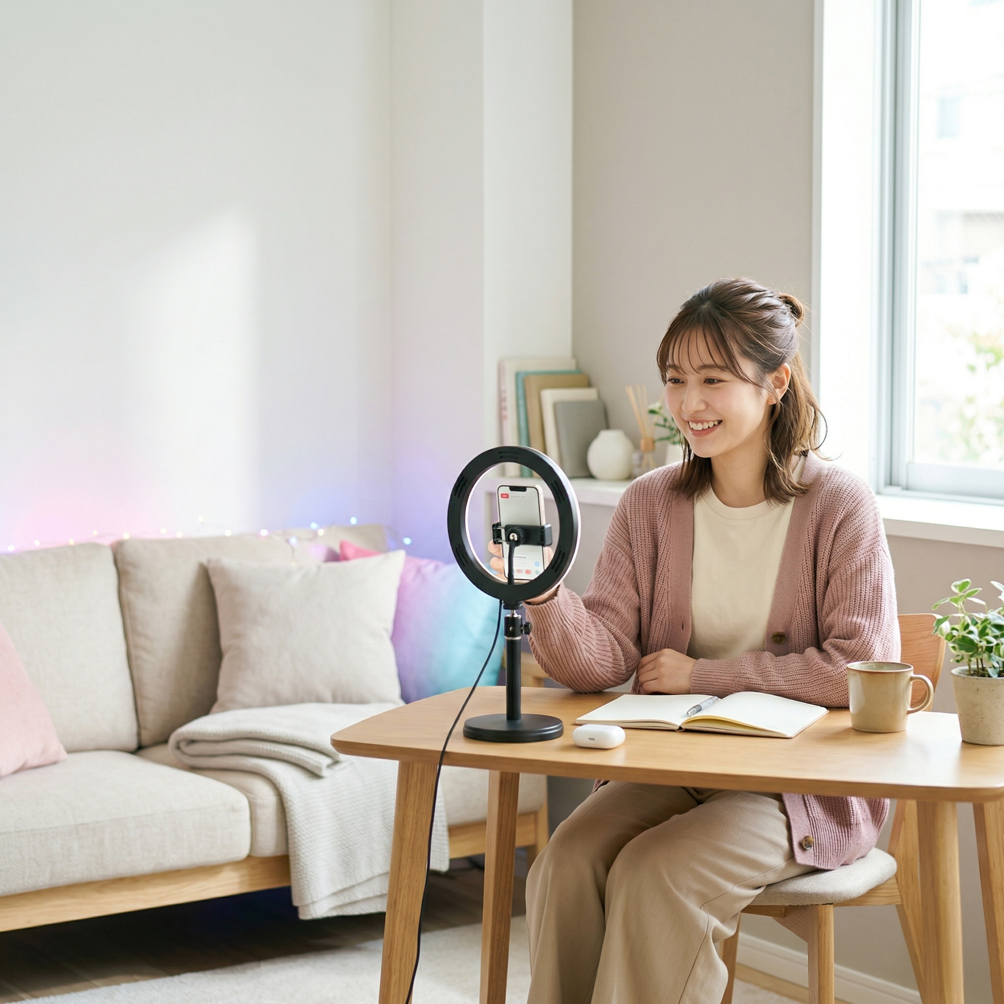 自宅で配信準備をする女性